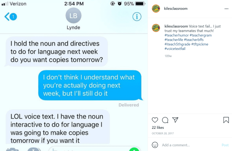 Text message chat between two teachers that includes autocorrect fails
