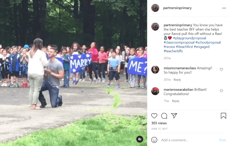Teacher being proposed to by her boyfriend outside of a school 