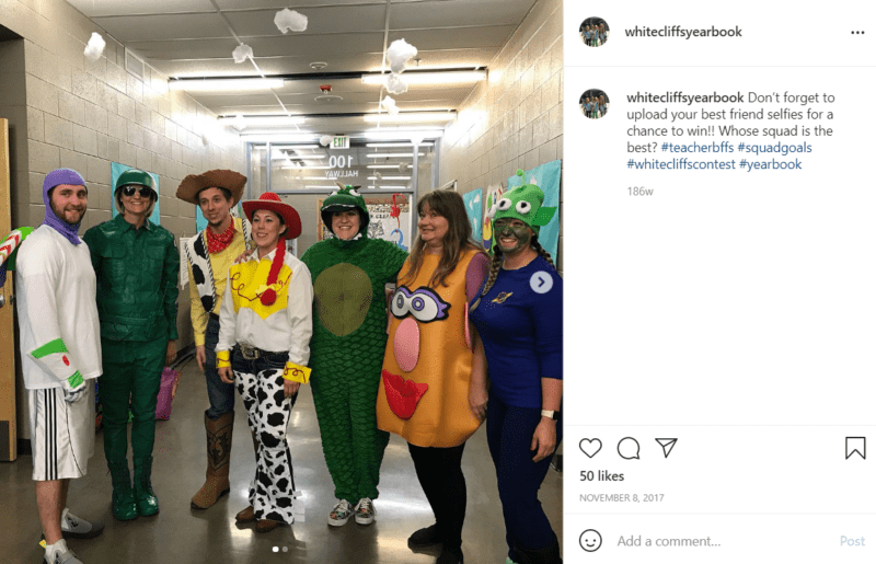 Seven teachers in a hallway dressed as characters from Toy Story