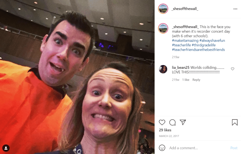 Two teachers make "eek" faces because they are at a recorder concert