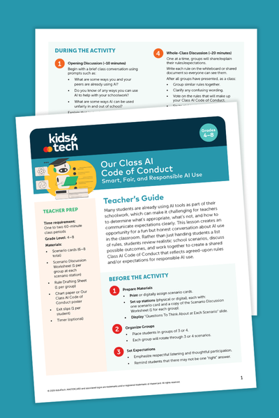 Let Students Create Class AI Rules That Actually Stick (Free Lesson Plan) Image of two pages of the teacher's guide for the class ai code of conduct lesson plan