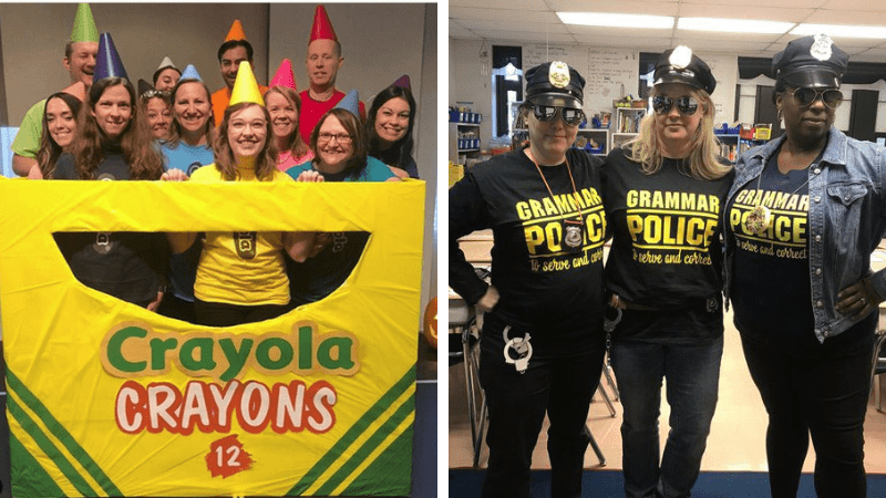 Examples of teacher Halloween costumes, including a box of Crayola crayons and the Grammar Police.