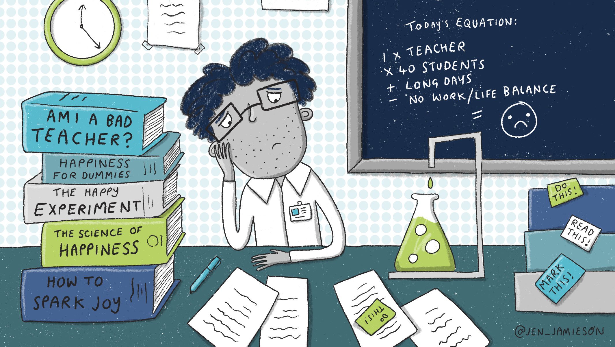 Illustration of a sad science teacher at a lab desk