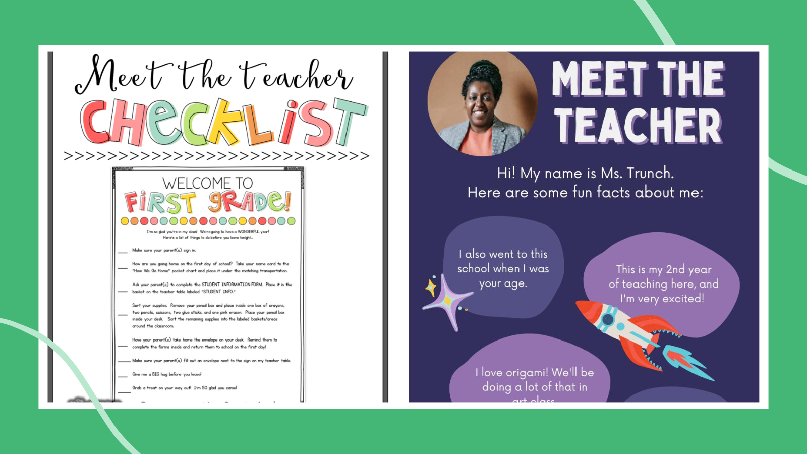 Teacher introduction letter examples including a Meet the Teacher checklist and Meet the Teacher fact sheet.