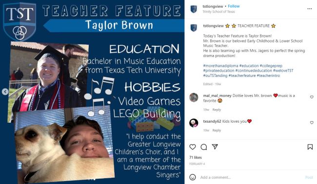 Teacher Feature page on Instagram introducing a teacher to students and parents
