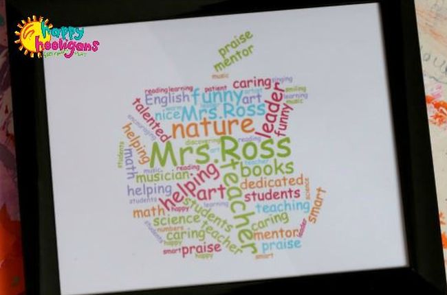 Word cloud in the shape of an apple for a teacher as an example of ways to introduce yourself to students