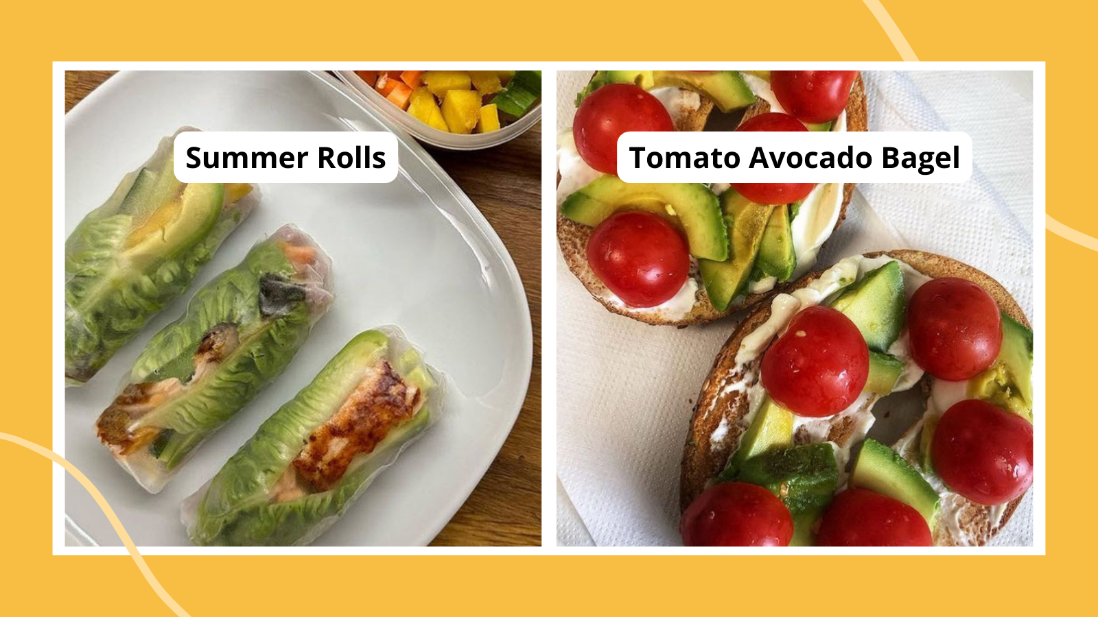 Collage of teacher lunches, including summer rolls and tomato-avocado bagels