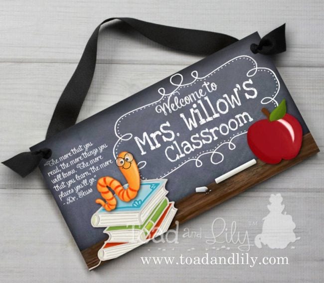 Wood sign with bookworm on a stack of books, Dr. Seuss quote, and teacher name (Teacher Name Signs)