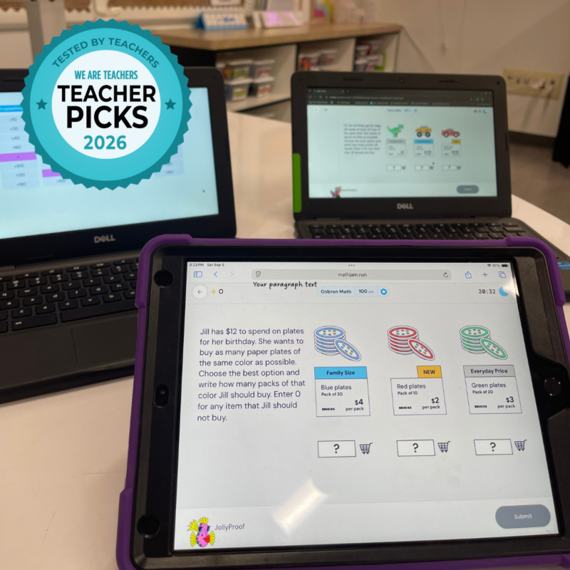Teacher Picks Math Jams Screens Math Jams problems shown on multiple screens for teacher review.