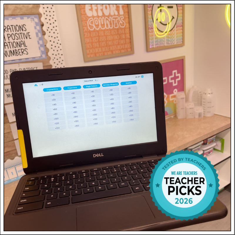 Laptop screen showing team scores for Math Jams