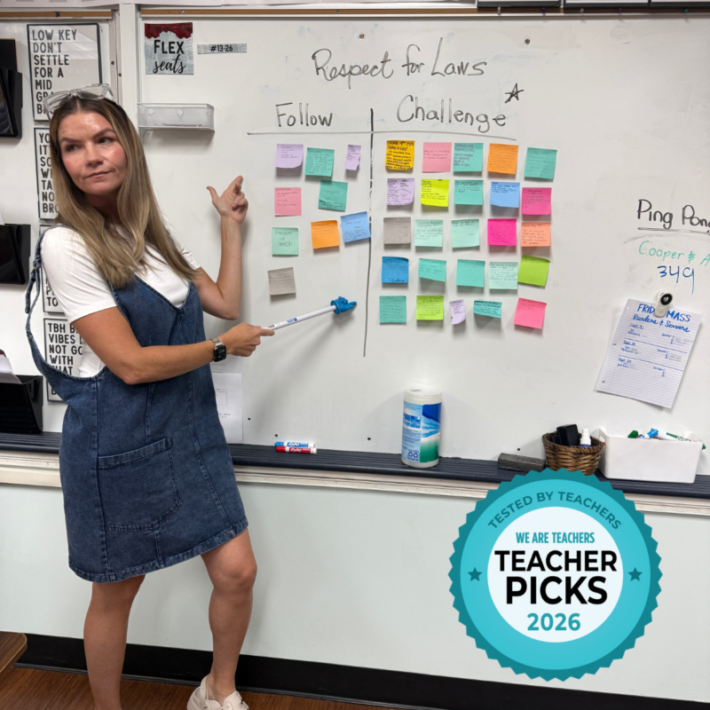 Teacher teaching a lesson using a whiteboard and sticky notes using Reel Genius.