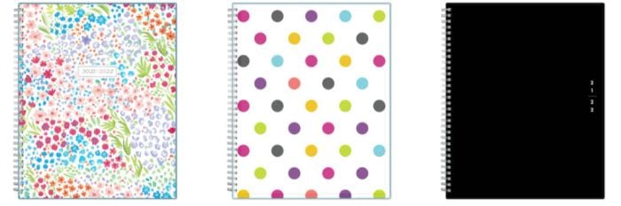 Blue Sky spiral-bound teacher planners with floral, polka dot, and plain black covers