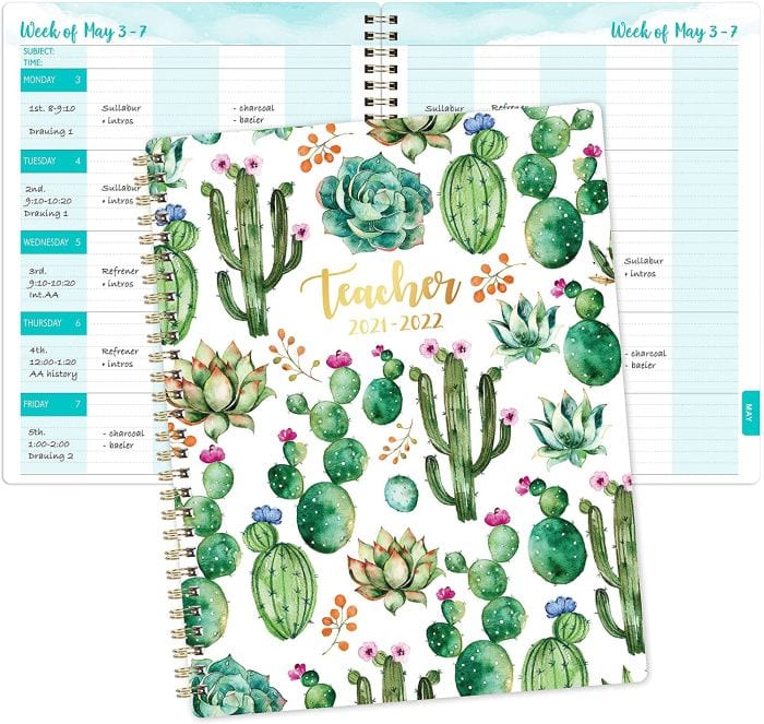 Teacher planner with cactus design on cover, open to show weekly planning spread (Teacher Planners)