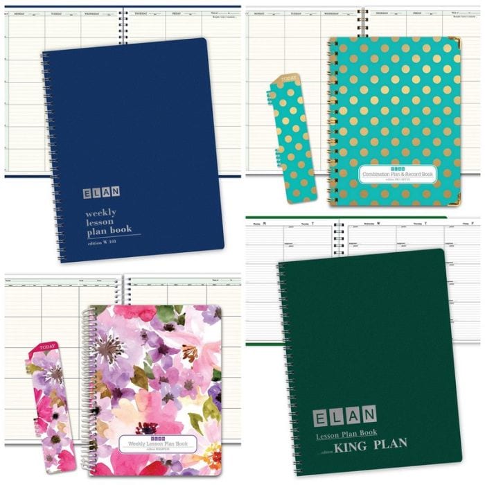 Collage of teacher planners by Elan, including plain blue and green covers and floral prints