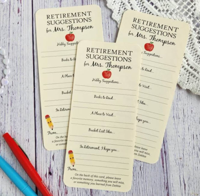 Set of three elongated cards with space to fill in suggestions for things a retired teacher can do after they retire
