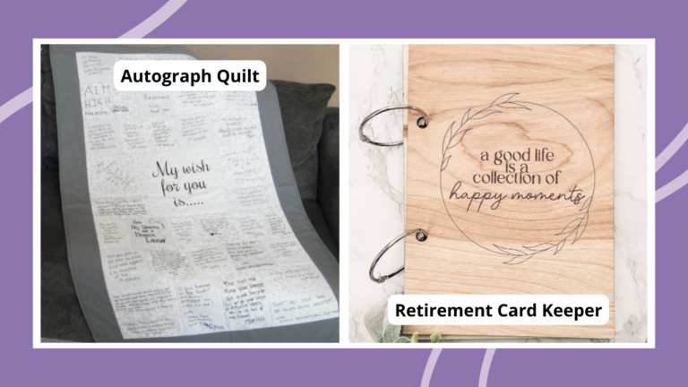 Collage of retirement gifts, including an autograph quilt and card keeper