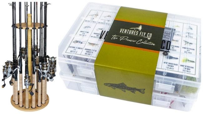 Fishing rod holder and box of hand-tied flies (Teacher Retirement Gifts)