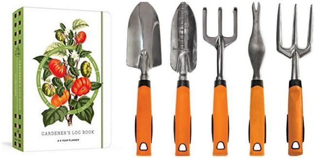 Gardener's Diary and set of orange-handled gardening hand tools