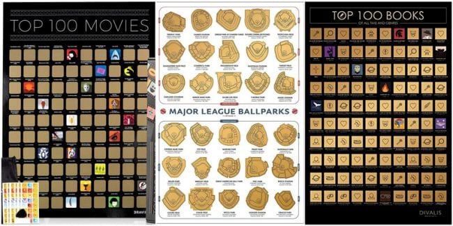 Scratch off posters of top movies, ballparks, and books (Teacher Retirement Gifts)