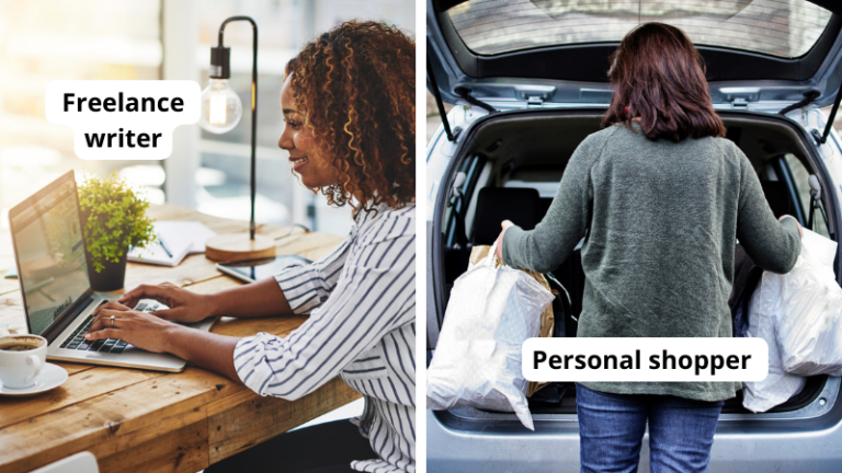 Example of teacher side jobs including a freelance writer woman sitting at table and typing on laptop and a personal shopper woman putting shopping bags in car trunk.