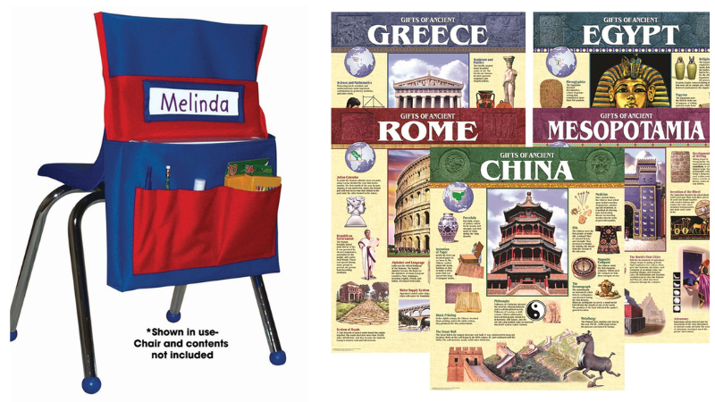 School chair with seat-back pocket, and set of five ancient civilizations charts