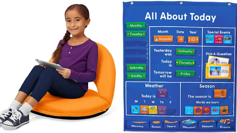Child sitting in a flexible foam floor seat, and a picket chart called All About Today