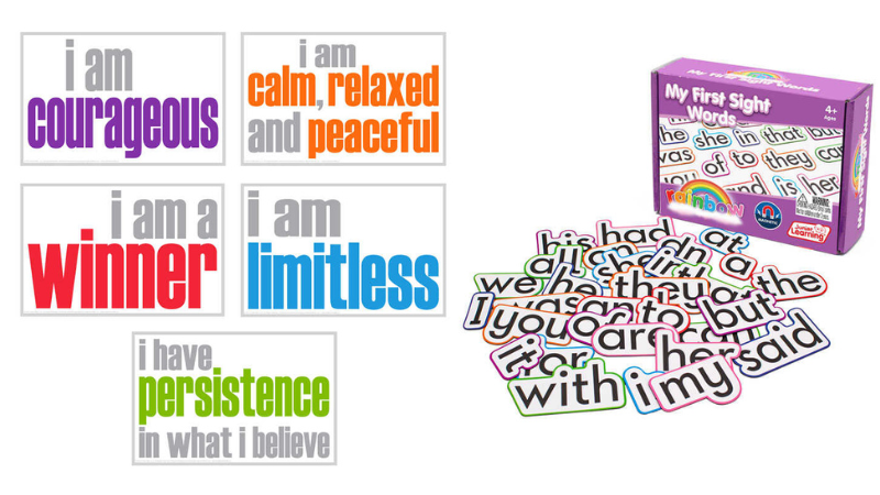 Set of motivational posters with inspirational sayings, and magnetic sight words kit and box