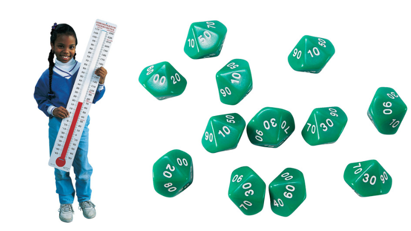 Child holding a large paper thermometer, and a set of multi-sided dice with place values