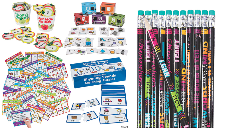 Set of classroom supplies for teaching language arts, and pencils with growth mindset slogans