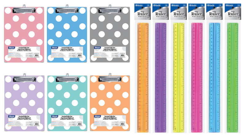 Set of six polka-dot print clipboards, and individually wrapped colorful rulers