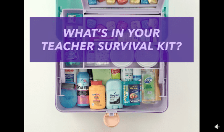 Caddy filled with everything a teacher needs in a Teacher Survival Kit