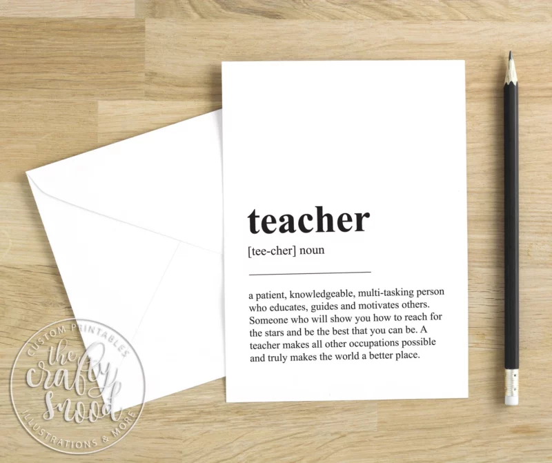 Thank you card with a definition of the word teacher on the front along with a pencil and envelope