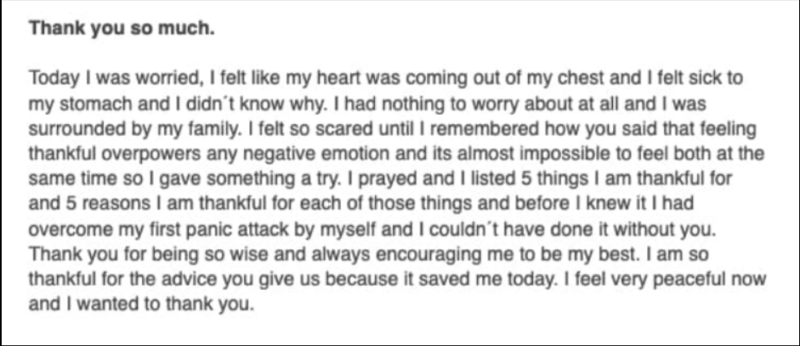 This student sent Barbara G. a note to let her know just how much she helped her feel safe, secure, and reassured during a difficult moment.