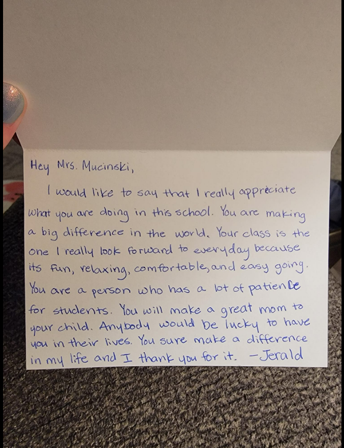 Teacher appreciation note from student