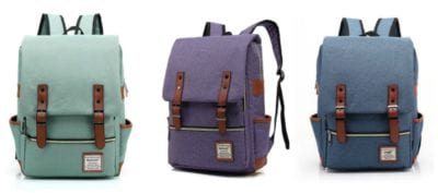 Canvas backpacks with side pockets and front flap, in turquoise, purple, and blue (Best Teacher Bags)