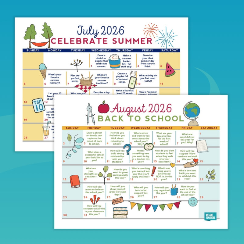 July and August pages from the 2026-27 teacher calendar