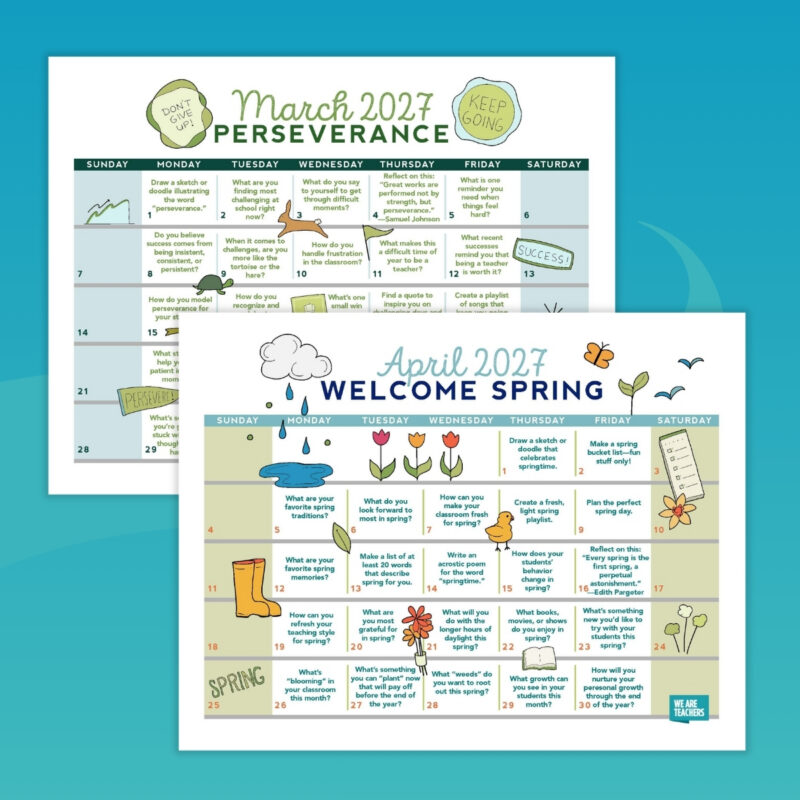 March and April pages from a free printable teacher calendar