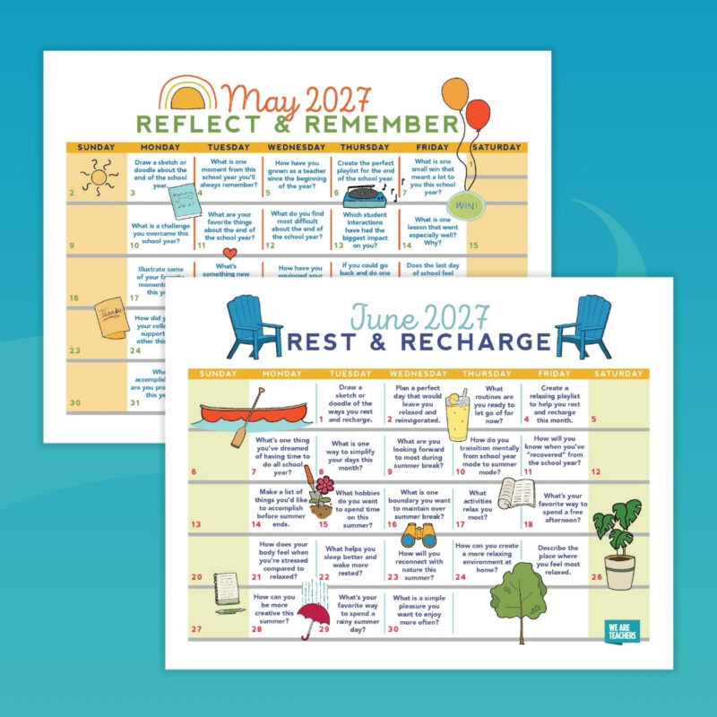 May and June pages from a free printable teacher calendar