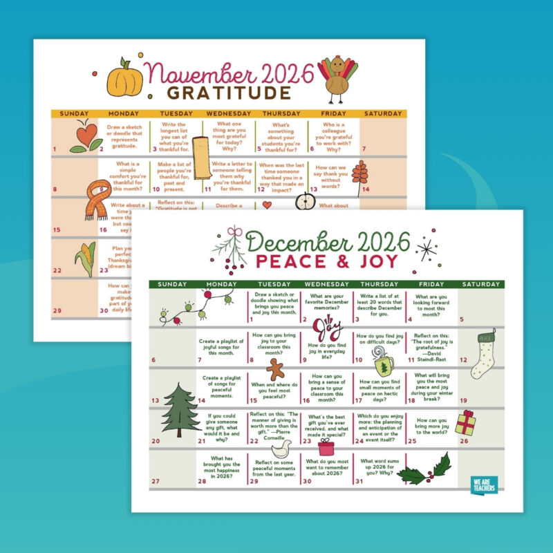 November and December pages from a free printable teacher calendar