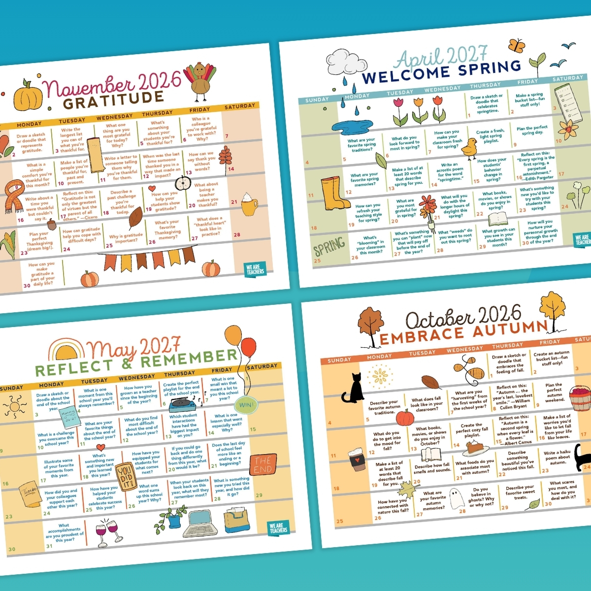 Four pages from a 2026-27 free printable teacher calendar on a blue background
