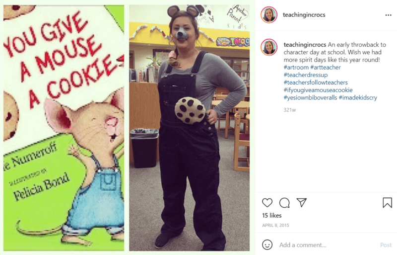 Teacher holding a cookie dressed as a mouse in a classroom alongside the book You Give A Mouse A Cookie collaged into the picture