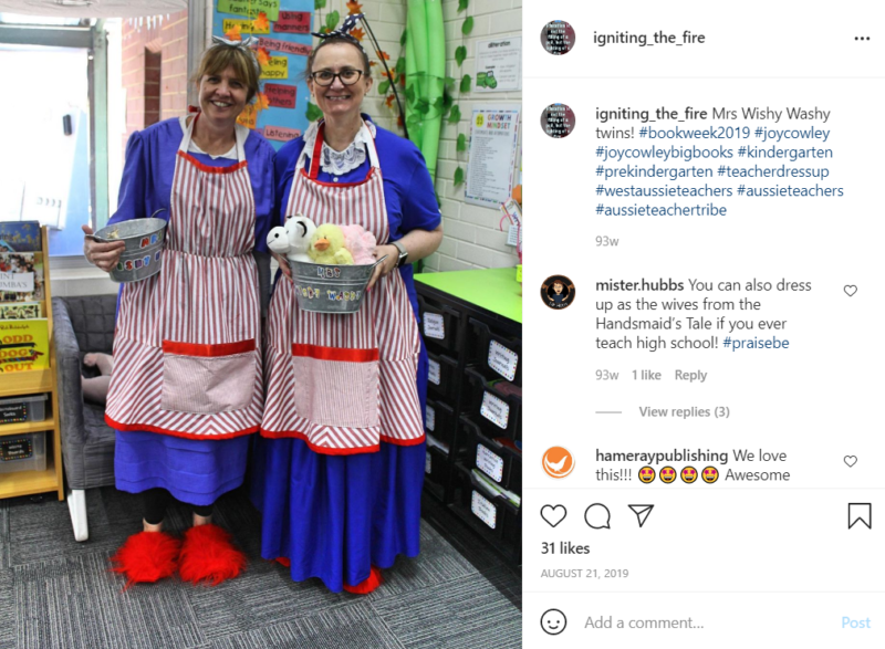 Two teachers dressed as the character Mrs. Wishy Washy in a classroom