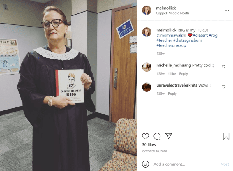 Teacher dressed Ruth Bader Ginsburg in a supreme court justice robe and holding a copy of Notorious RBG