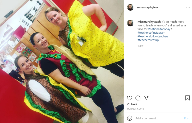 Teachers dressed up in taco costumes in classroom