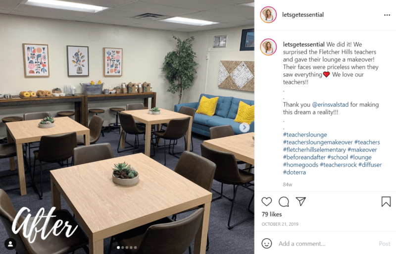 View of a teachers lounge with a lot of tables, chairs, and other seating