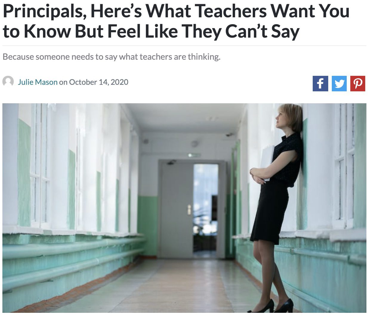 Screencap of an article about what teachers really want to tell principals