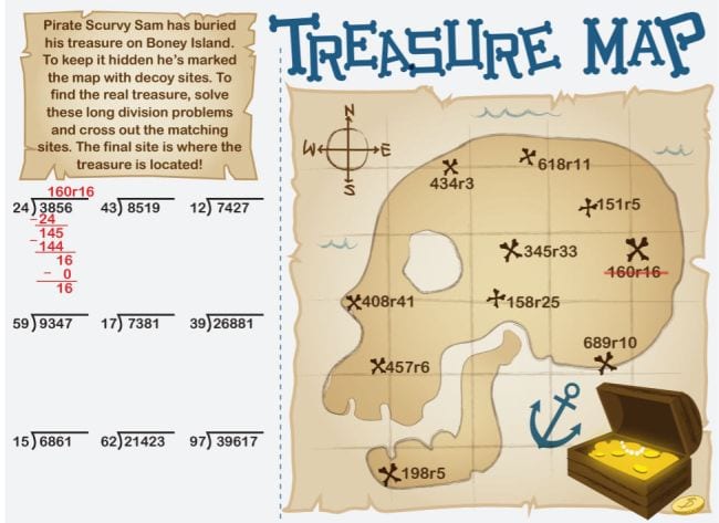 Treasure Map long division game printable worksheet