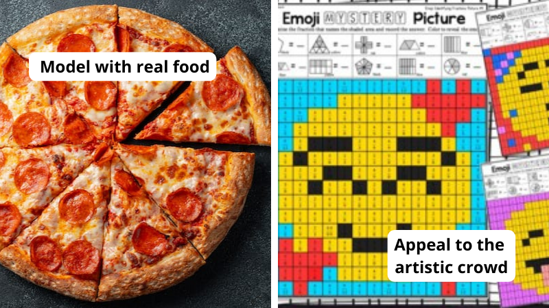 Examples of strategies for teaching fractions including modeling with food such as a pepperoni pizza or appealing to the artistic crowd with colorful emoji mystery pictures fraction worksheets.