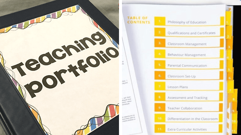 Teaching portfolio examples, including the cover of a binder and table of contents page