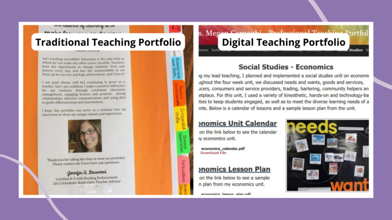 Collage of teaching portfolio examples, including traditional digital portfolios